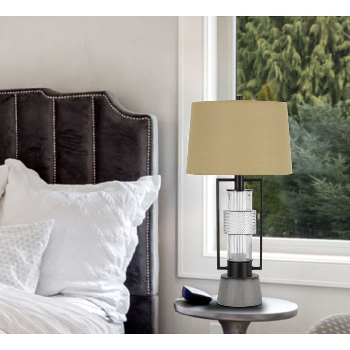 ##Antique Hardware## VALLDA 100W 3 WAY TABLE LAMP WITH 2W LED NIGHT LIGHT WITH METAL/GLASS BODY AND CEMENT BASE AND FINE BURLAP DRUM SHADE