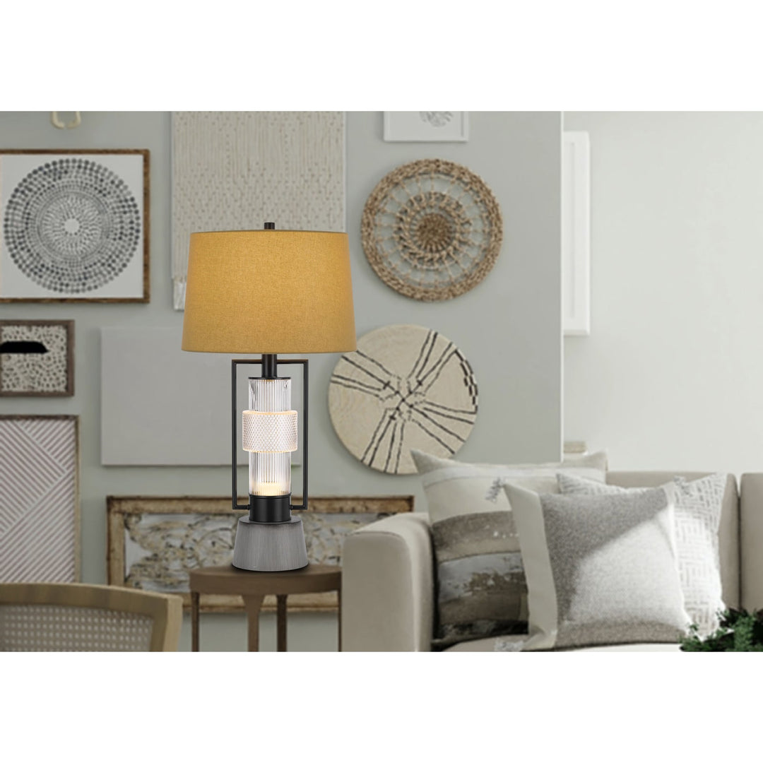 ##Antique Hardware## VALLDA 100W 3 WAY TABLE LAMP WITH 2W LED NIGHT LIGHT WITH METAL/GLASS BODY AND CEMENT BASE AND FINE BURLAP DRUM SHADE