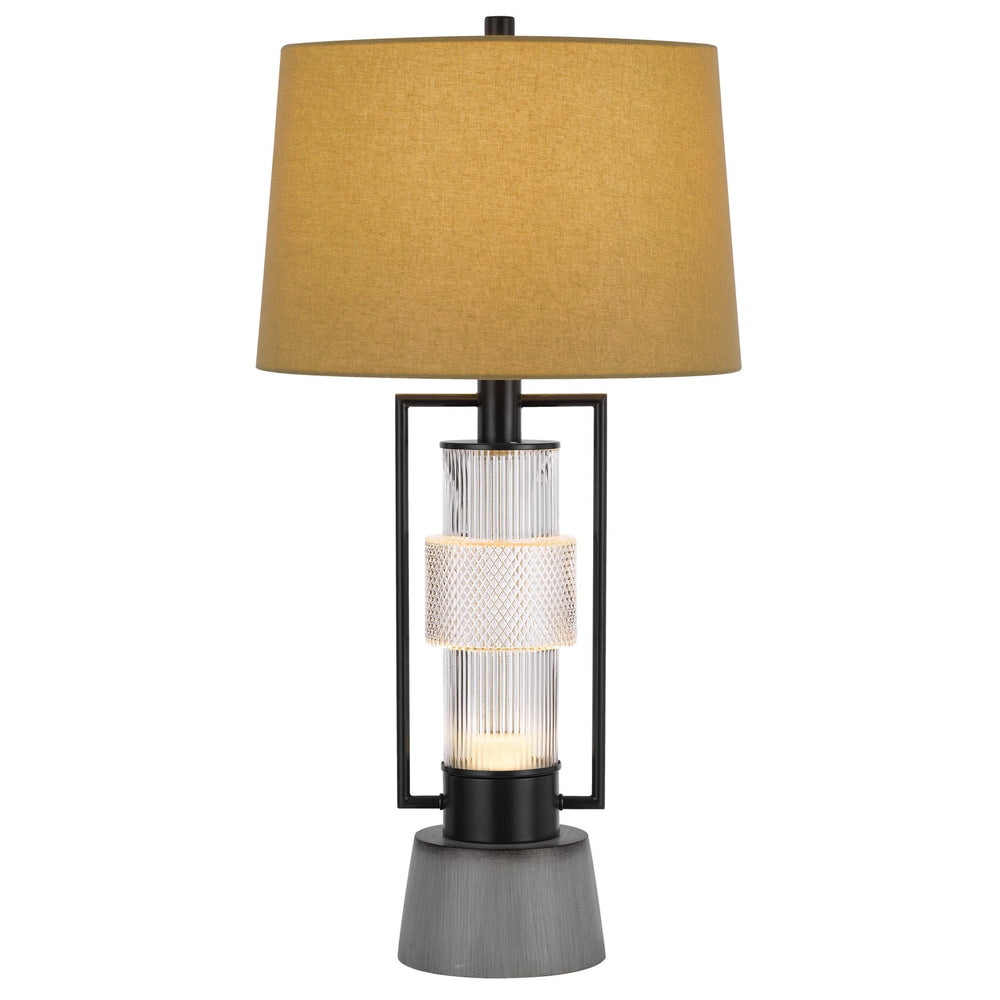 ##Antique Hardware## VALLDA 100W 3 WAY TABLE LAMP WITH 2W LED NIGHT LIGHT WITH METAL/GLASS BODY AND CEMENT BASE AND FINE BURLAP DRUM SHADE