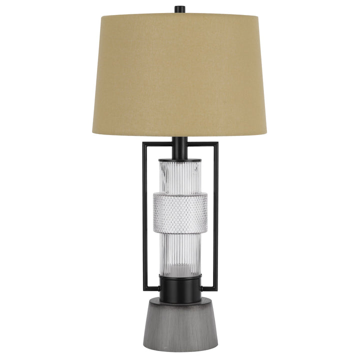 ##Antique Hardware## VALLDA 100W 3 WAY TABLE LAMP WITH 2W LED NIGHT LIGHT WITH METAL/GLASS BODY AND CEMENT BASE AND FINE BURLAP DRUM SHADE