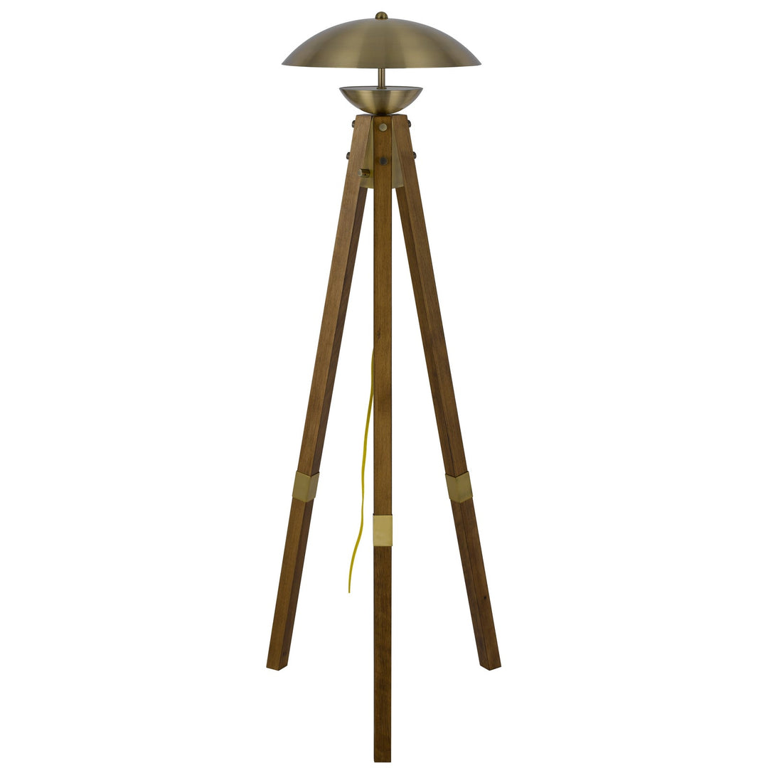 ##Antique Hardware## LAKELAND 18W INTERGRATED LED TRIPOD BIRCH WOOD FLOOR LAMP WITH HALF DOMED METAL SHADE