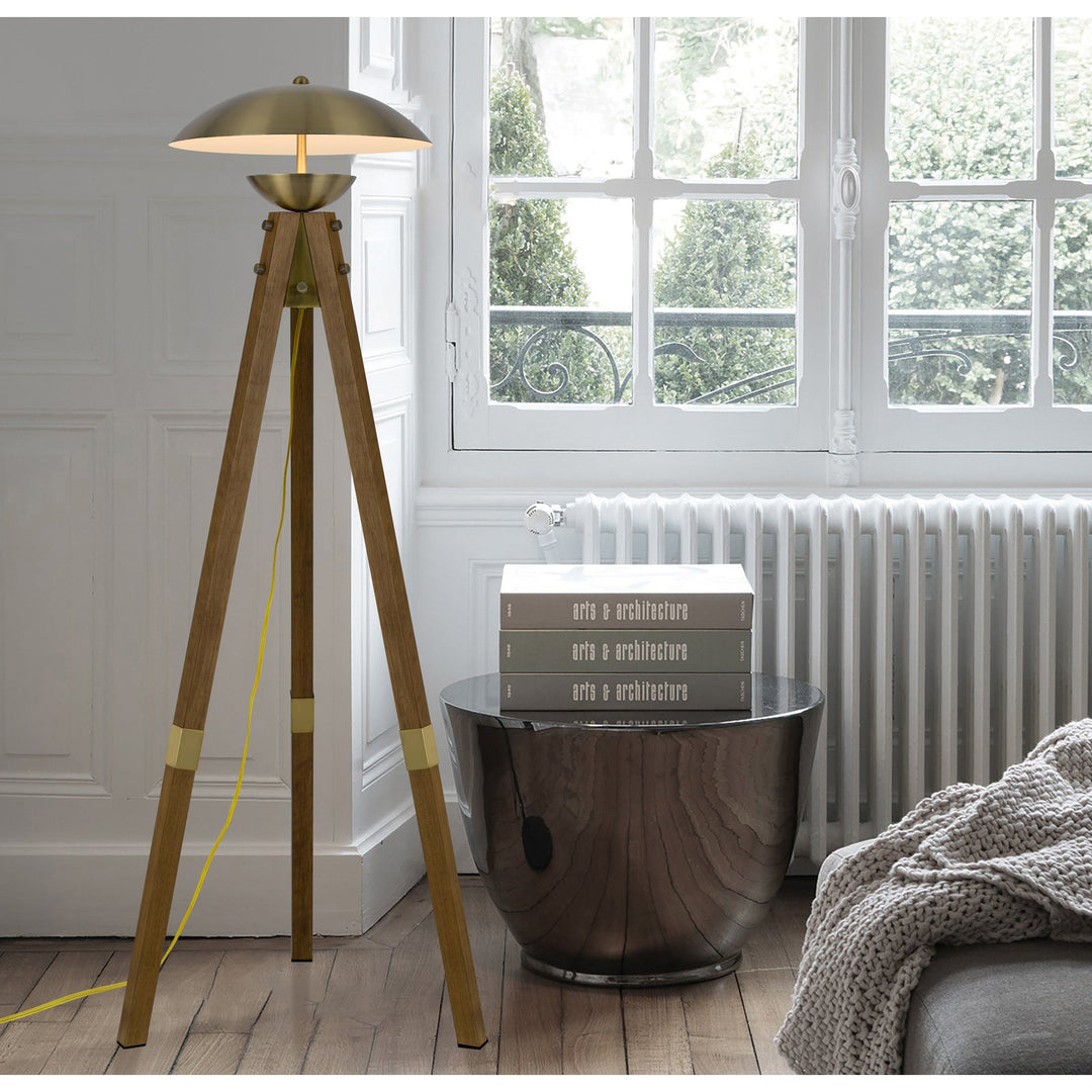 ##Antique Hardware## LAKELAND 18W INTERGRATED LED TRIPOD BIRCH WOOD FLOOR LAMP WITH HALF DOMED METAL SHADE