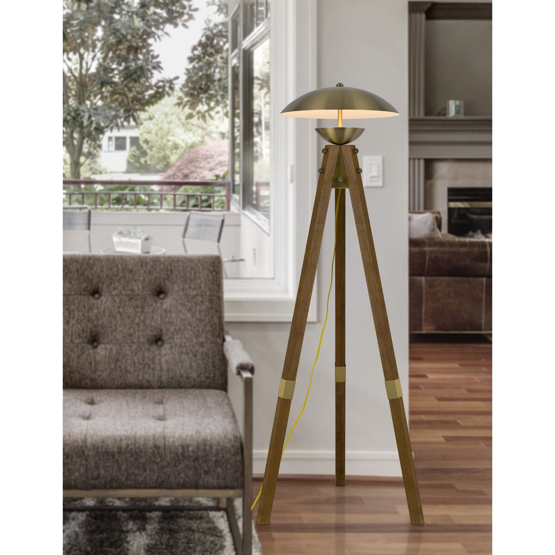 ##Antique Hardware## LAKELAND 18W INTERGRATED LED TRIPOD BIRCH WOOD FLOOR LAMP WITH HALF DOMED METAL SHADE