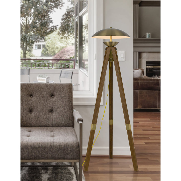 ##Antique Hardware## LAKELAND 18W INTERGRATED LED TRIPOD BIRCH WOOD FLOOR LAMP WITH HALF DOMED METAL SHADE