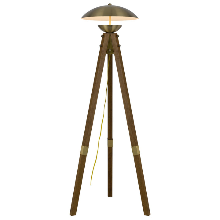 ##Antique Hardware## LAKELAND 18W INTERGRATED LED TRIPOD BIRCH WOOD FLOOR LAMP WITH HALF DOMED METAL SHADE