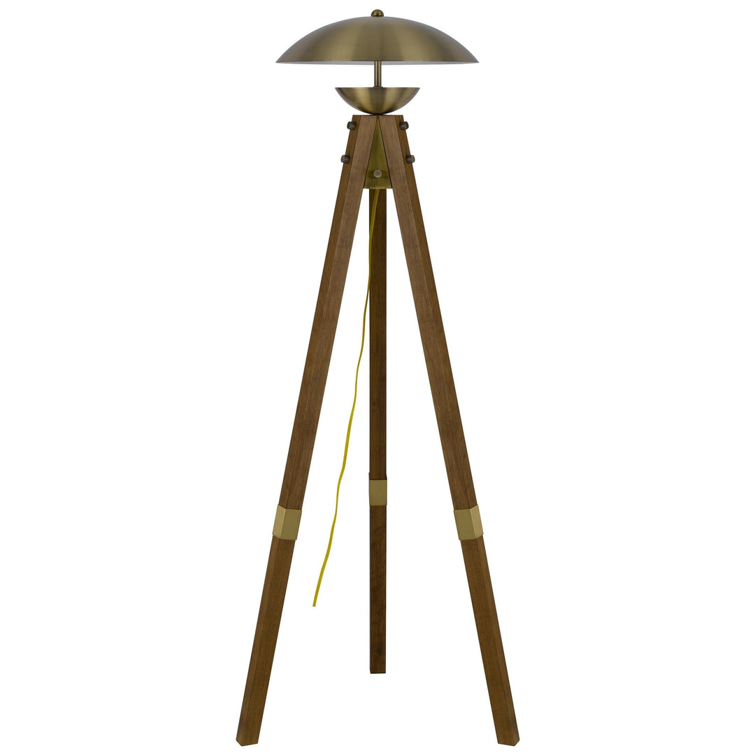 ##Antique Hardware## LAKELAND 18W INTERGRATED LED TRIPOD BIRCH WOOD FLOOR LAMP WITH HALF DOMED METAL SHADE