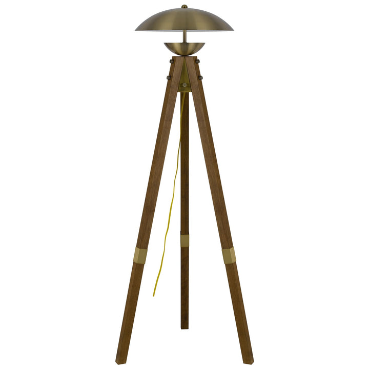 ##Antique Hardware## LAKELAND 18W INTERGRATED LED TRIPOD BIRCH WOOD FLOOR LAMP WITH HALF DOMED METAL SHADE