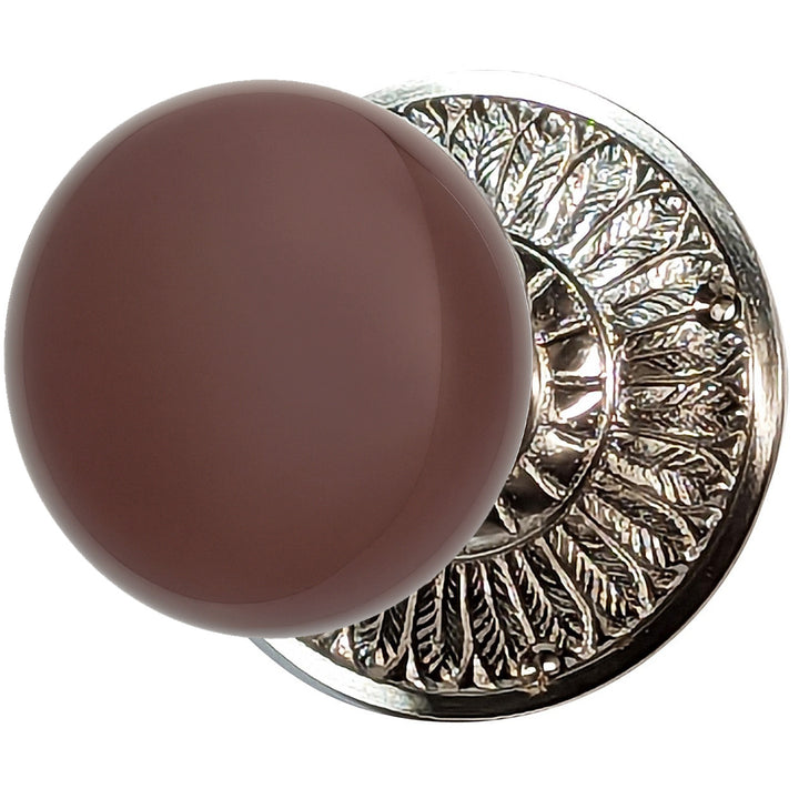 ##Antique Hardware## Brown Porcelain Door Knob with Brass Feathers Rosette