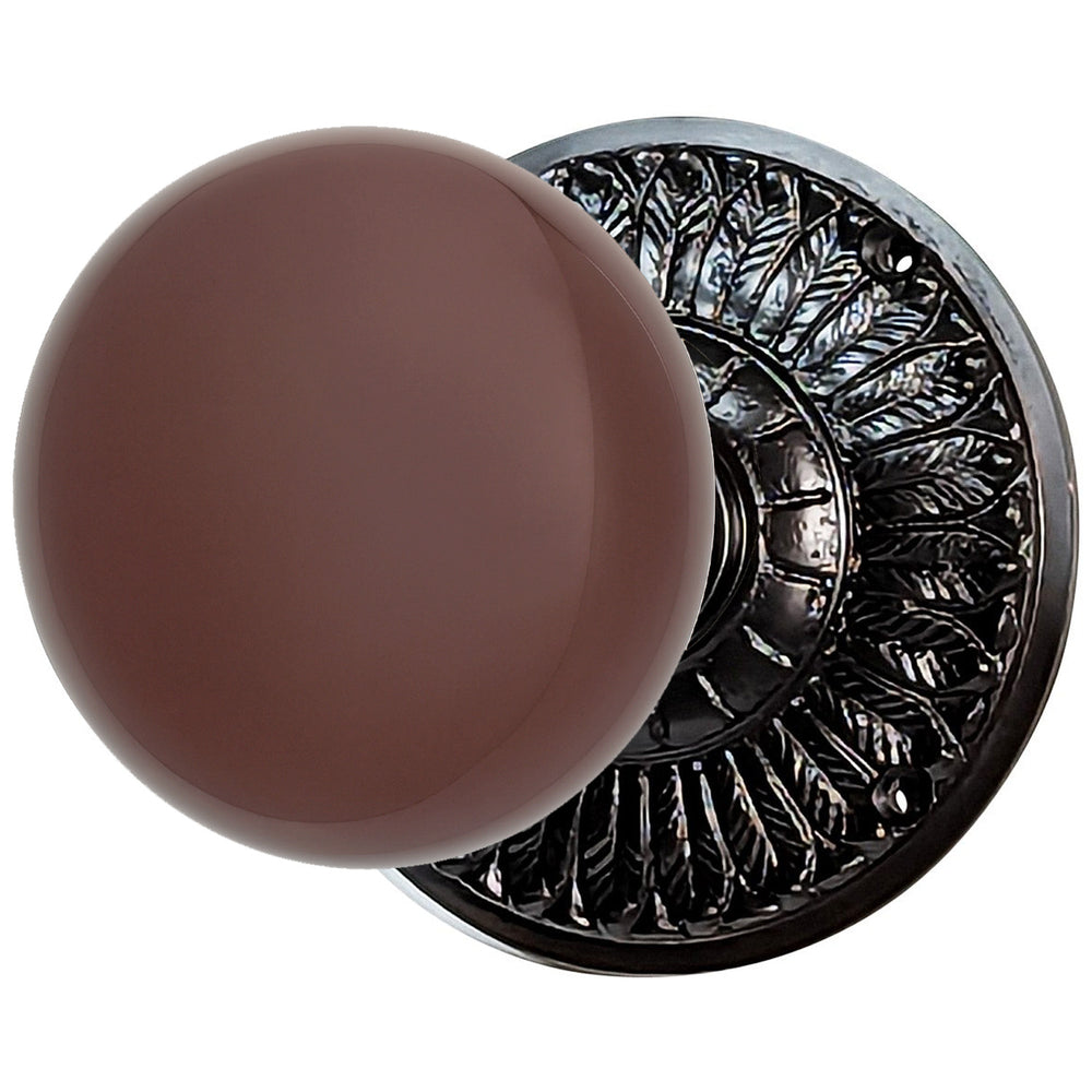 ##Antique Hardware## Brown Porcelain Door Knob with Brass Feathers Rosette