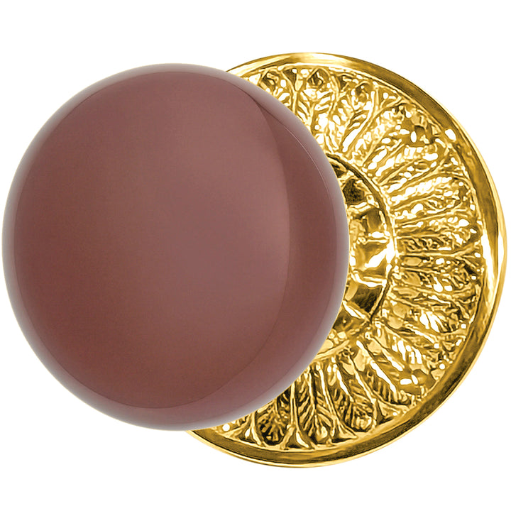 ##Antique Hardware## Brown Porcelain Door Knob with Brass Feathers Rosette