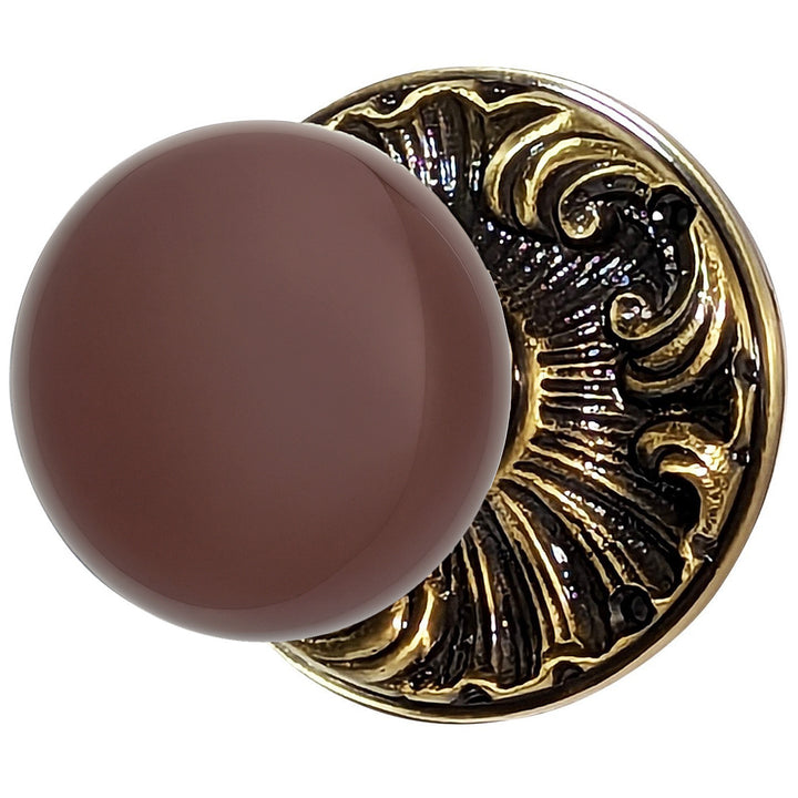 ##Antique Hardware## Brown Porcelain Door Knob Set with Romanesque Rosette