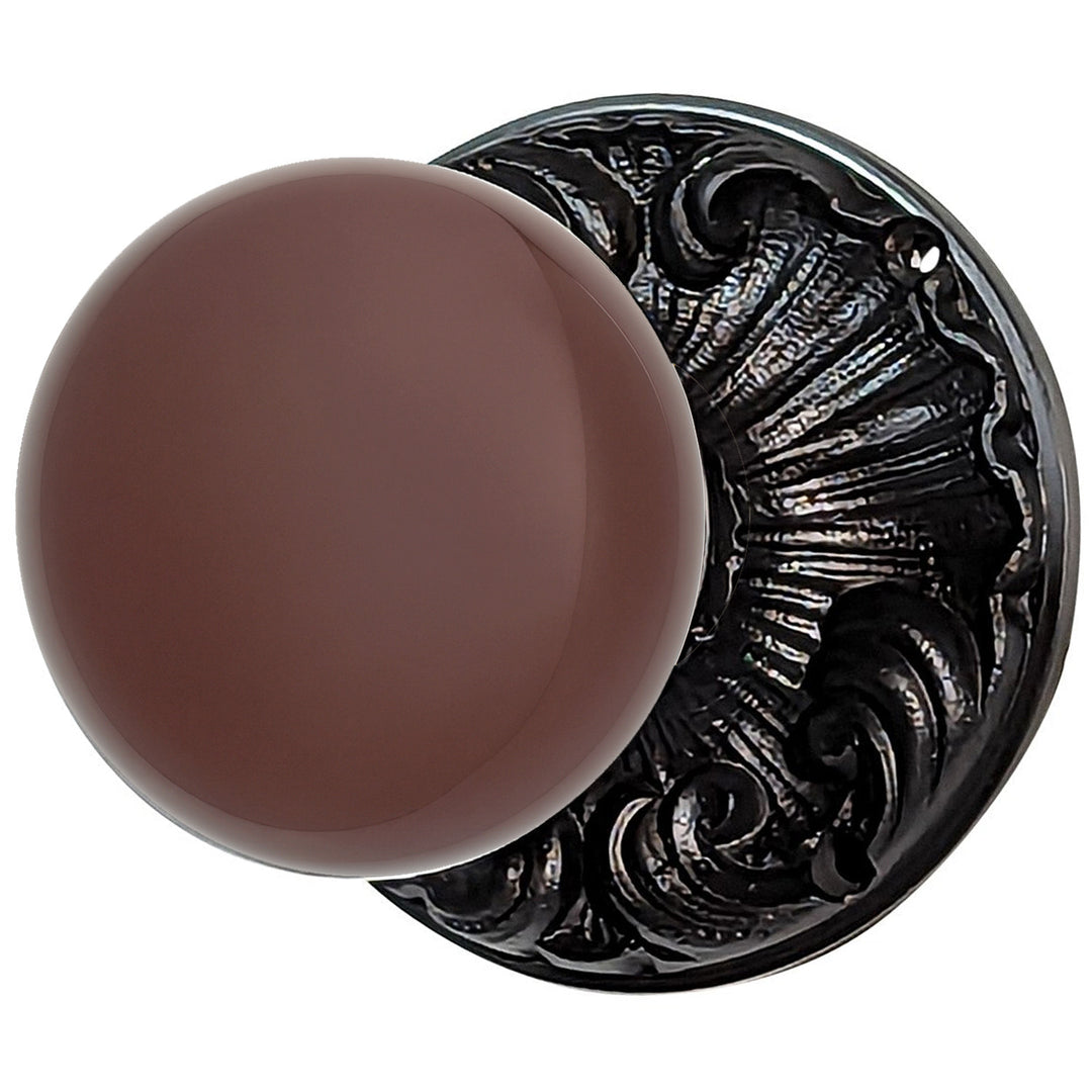 ##Antique Hardware## Brown Porcelain Door Knob Set with Romanesque Rosette