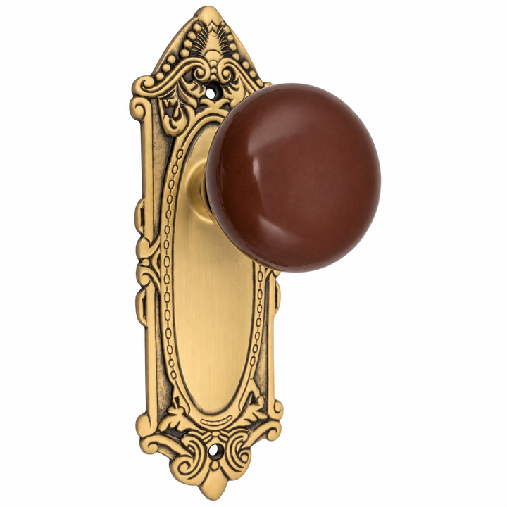 Brown Porcelain Door Knob Set with Largo Design Backplate