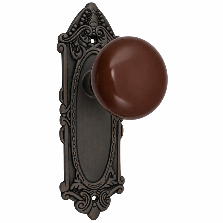 Brown Porcelain Door Knob Set with Largo Design Backplate