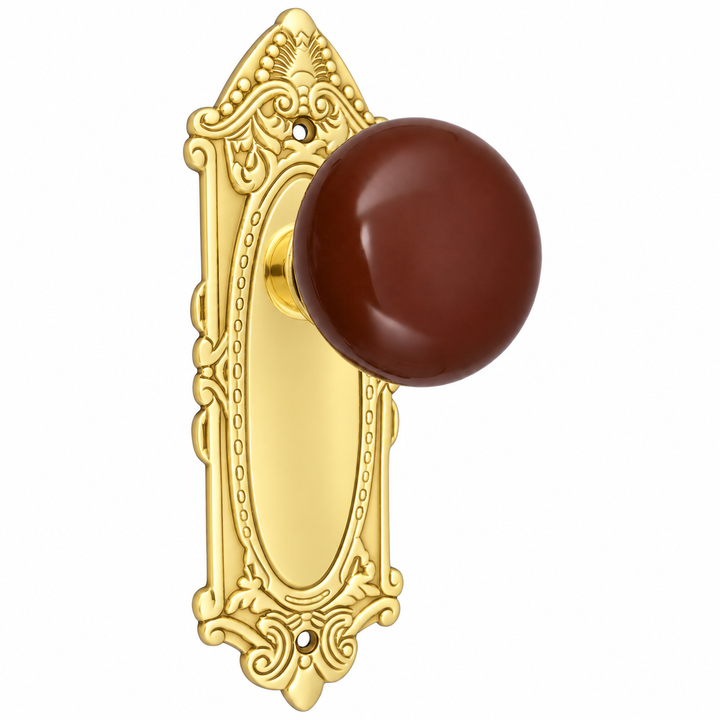 Brown Porcelain Door Knob Set with Largo Design Backplate