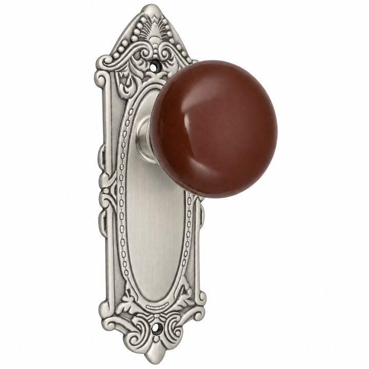 Brown Porcelain Door Knob Set with Largo Design Backplate