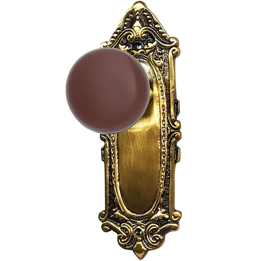 ##Antique Hardware## Brown Porcelain Door Knob Set with Largo Design Backplate