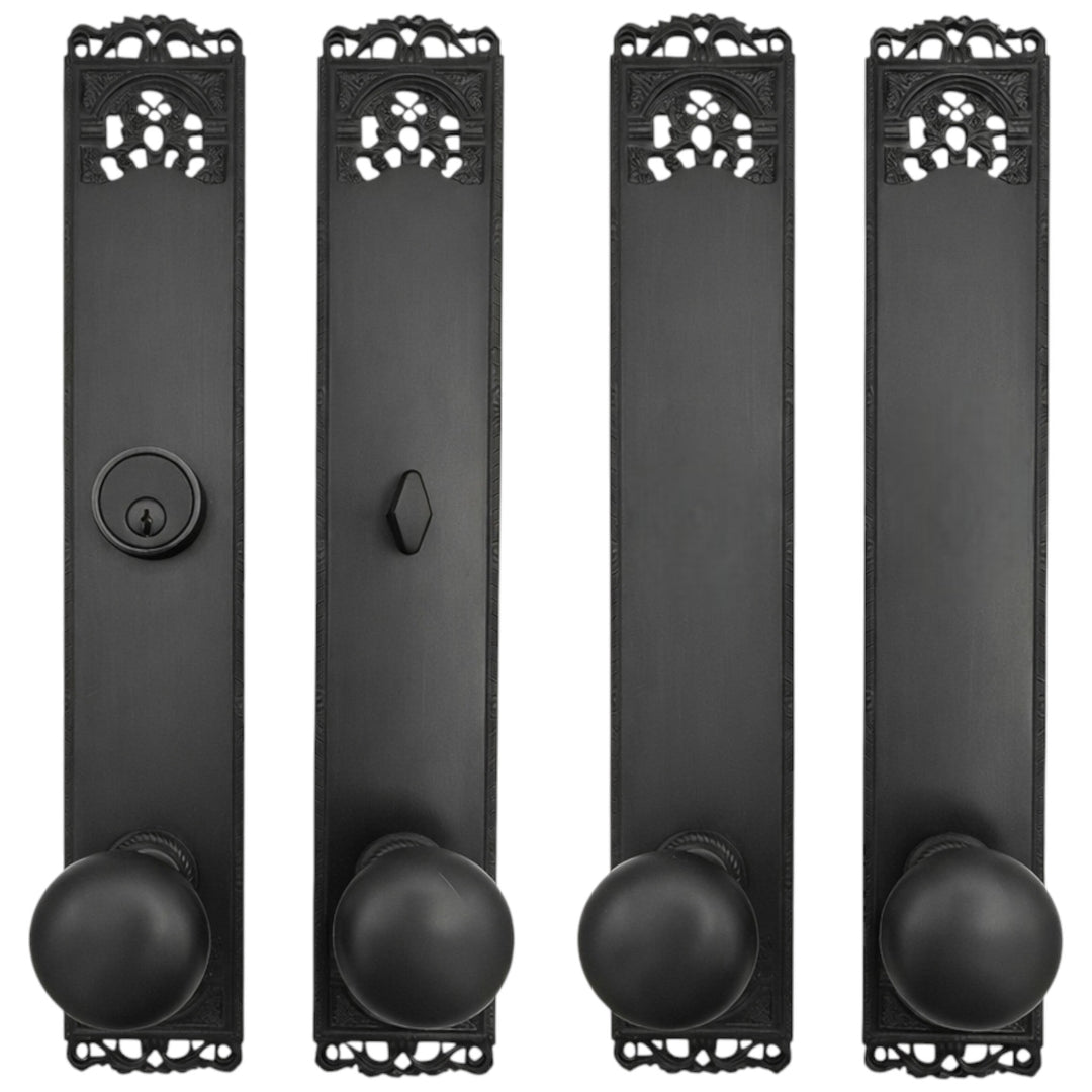 ##Antique Hardware## Long Cornice Plate Double Door Deadbolt Entryway Set (Several Finish & Knob Options)
