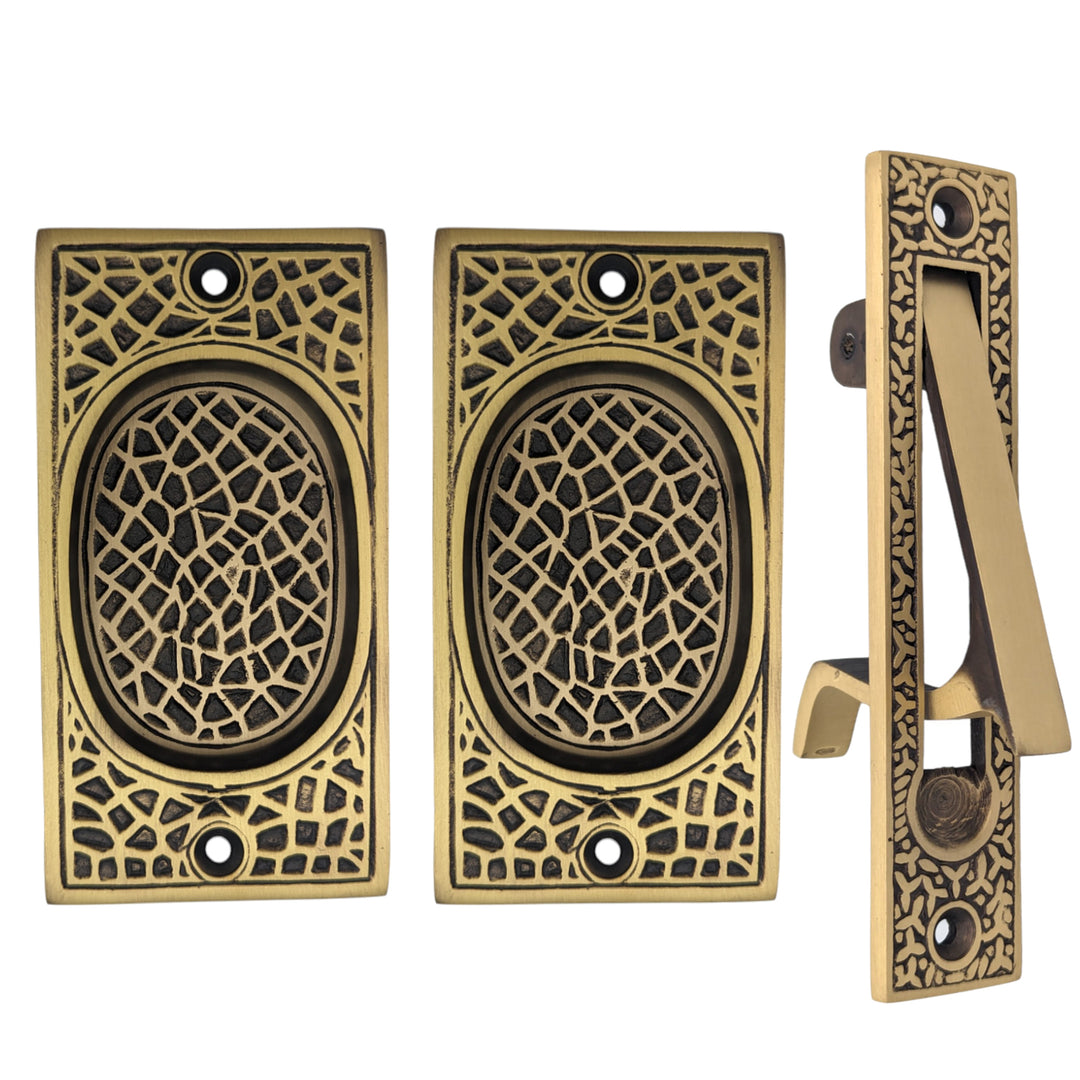 ##Antique Hardware## Arts & Crafts Pattern Pocket Door Set (Several Finishes Available)