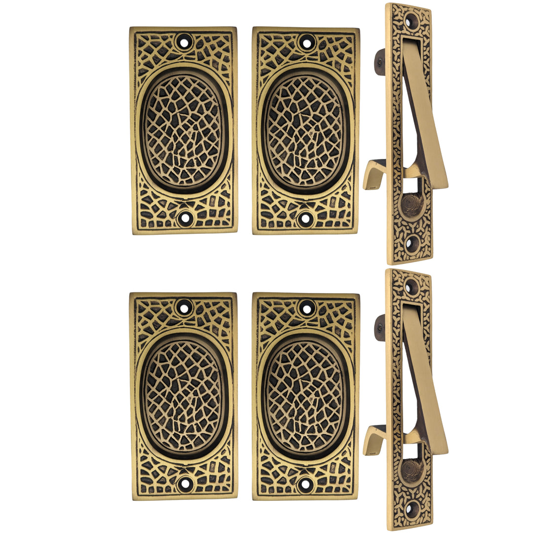 ##Antique Hardware## Arts & Crafts Pattern Pocket Door Set (Several Finishes Available)