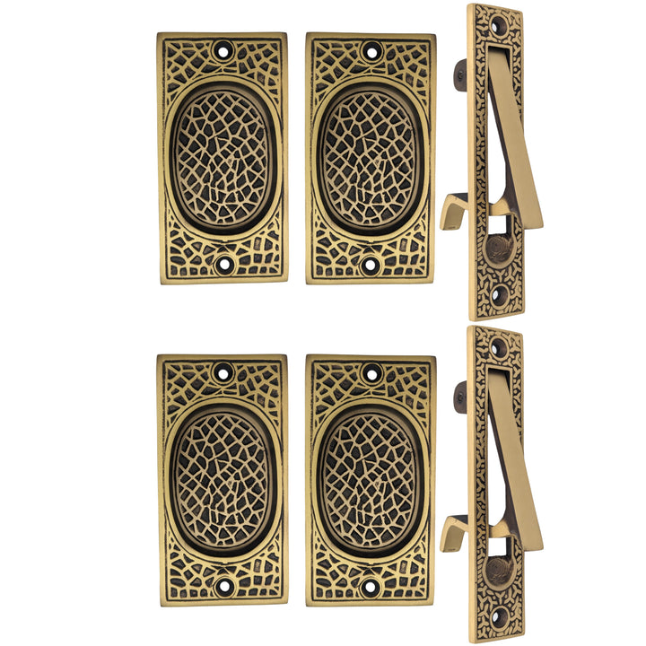 ##Antique Hardware## Arts & Crafts Pattern Pocket Door Set (Several Finishes Available)