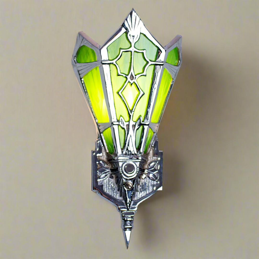 Antique Hardware 14 Inch Art Deco Stained Glass Shade Deco Green Wall Sconce ART DECO LIGHTING