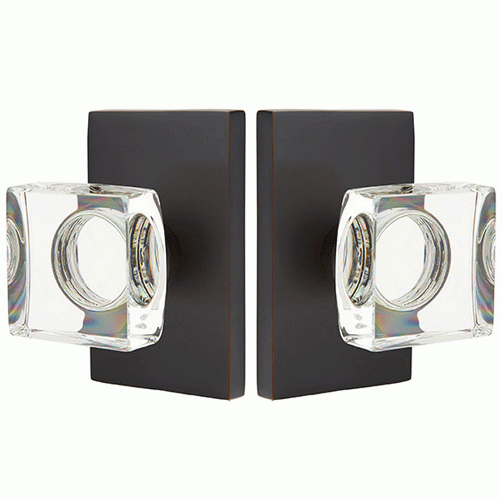 Antique Hardware Emtek Modern Square Crystal Door Knob Set With Modern Rectangular Rosette (Several Finish Options) EMTEK GLASS CRYSTAL MODERN SQUARE DOOR KNOB