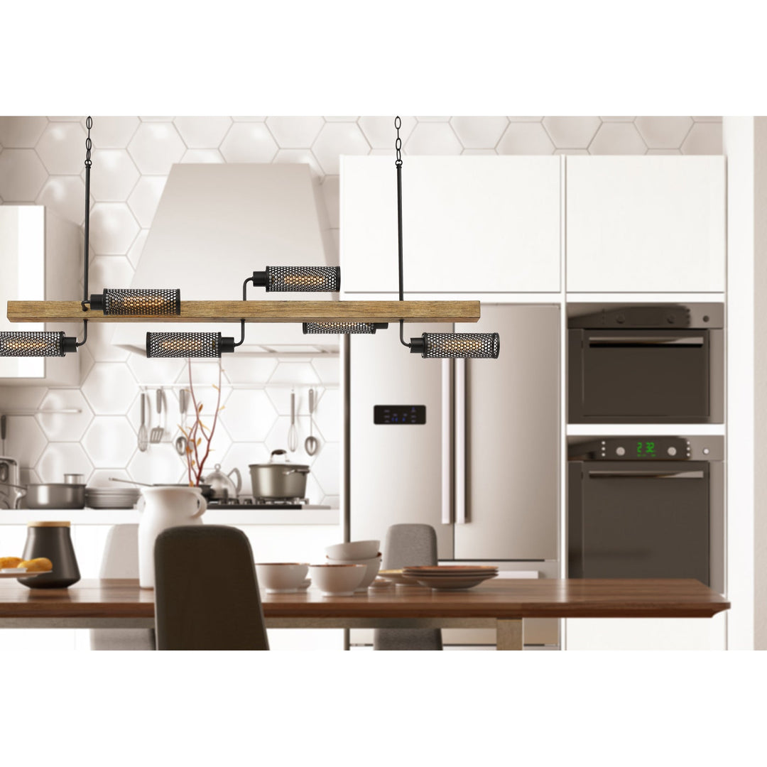 ##Antique Hardware## 60W X 6 LENOX PINE WOOD ISLAND CHANDELIER WITH METAL MESH SHADES