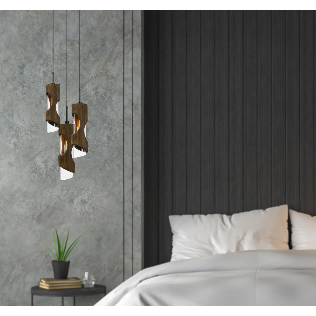 ##Antique Hardware## 60W X 3 ZAMORA 3 LIGHT WOOD PENDANT WITH CLEAR GLASS SHADE (EDISON BULBS NOT INCLUDED)