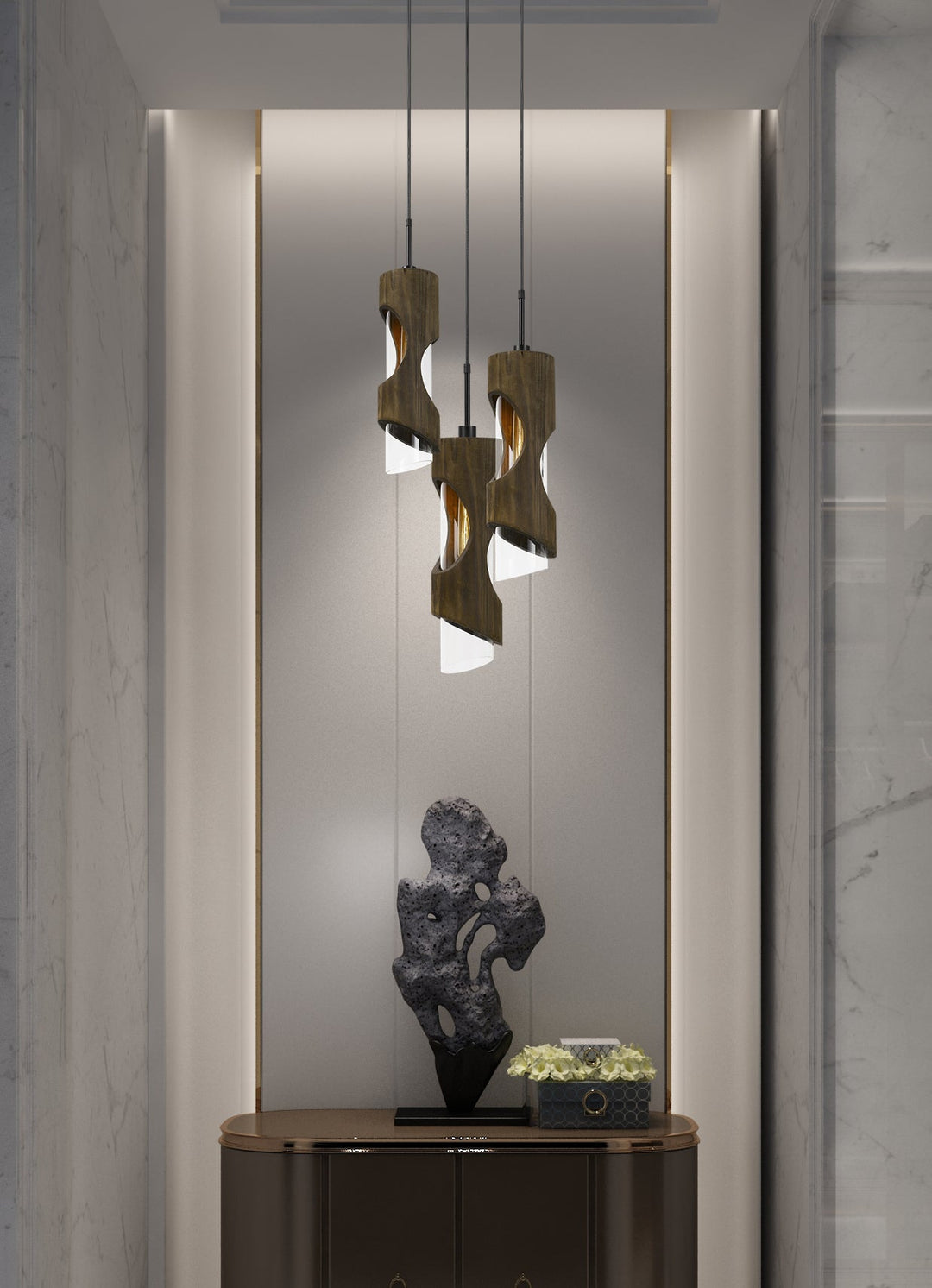 ##Antique Hardware## 60W X 3 ZAMORA 3 LIGHT WOOD PENDANT WITH CLEAR GLASS SHADE (EDISON BULBS NOT INCLUDED)