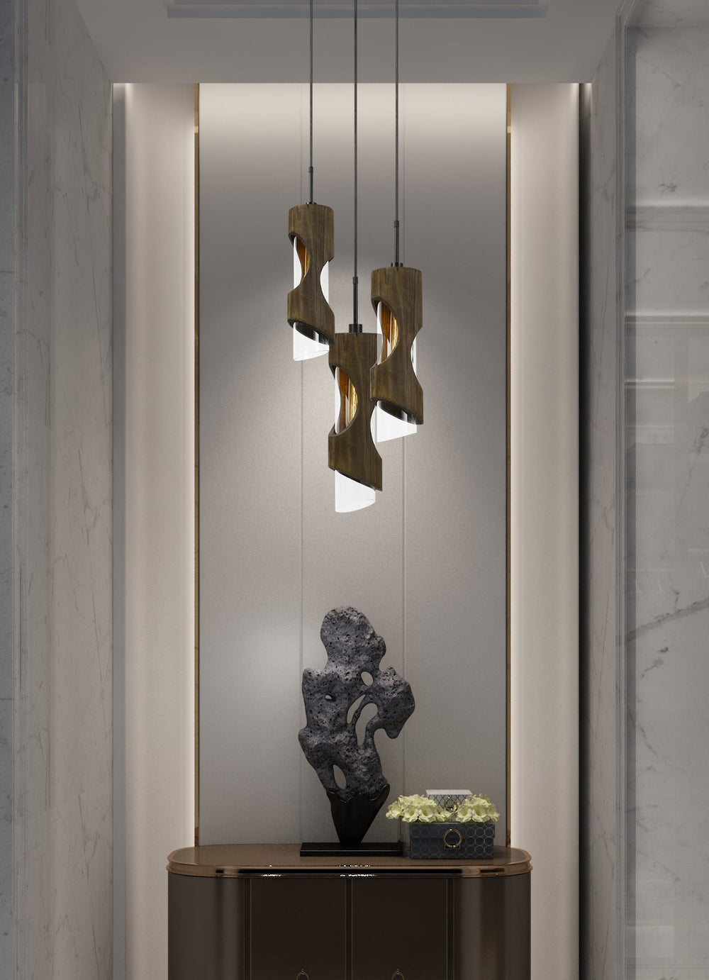 ##Antique Hardware## 60W X 3 ZAMORA 3 LIGHT WOOD PENDANT WITH CLEAR GLASS SHADE (EDISON BULBS NOT INCLUDED)