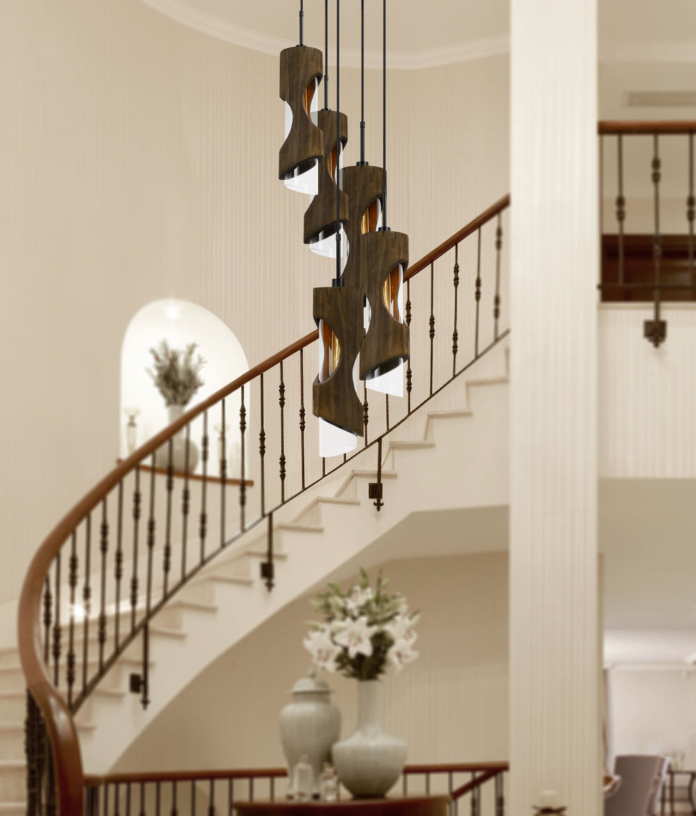 ##Antique Hardware## 60W X 5 ZAMORA 5 LIGHT WOOD PENDANT WITH CLEAR GLASS SHADE (EDISON BULBS NOT INCLUDED)