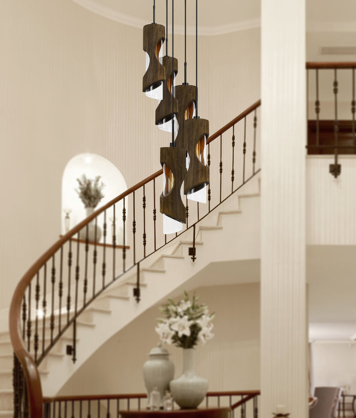 ##Antique Hardware## 60W X 5 ZAMORA 5 LIGHT WOOD PENDANT WITH CLEAR GLASS SHADE (EDISON BULBS NOT INCLUDED)