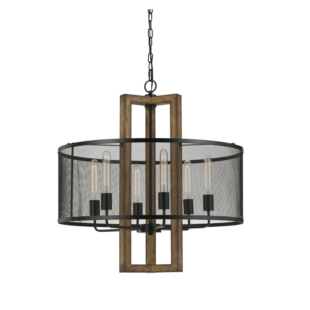 ##Antique Hardware## 60W X 6 MONZA WOOD CHANDELIER WITH MESH SHADE (EDISON BULBS NOT INCLUDED)