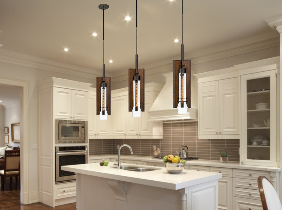 ##Antique Hardware## 60W ALMERIA WOOD/GLASS PENDANT FIXTURE (EDISON BULB NOT INCLUDED)