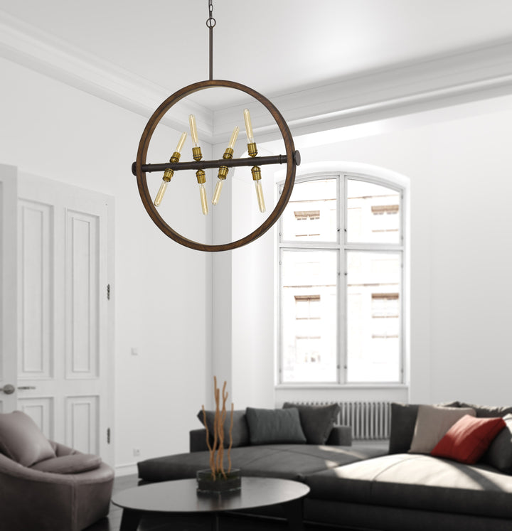 ##Antique Hardware## 60W X 8 TERAMO WOOD/METAL CHANDELIER WITH GLASS SHADE (EDISON BULBS NOT INCLUDED)