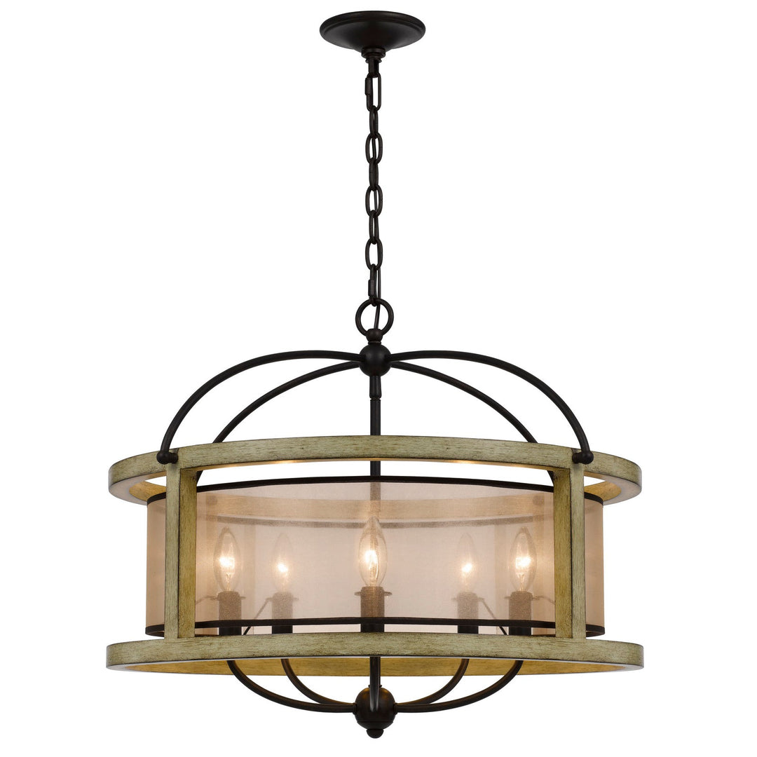 ##Antique Hardware## PALENCIA RUBBER WOOD ROUND CHANDELIER WITH ORGANZA SHADE