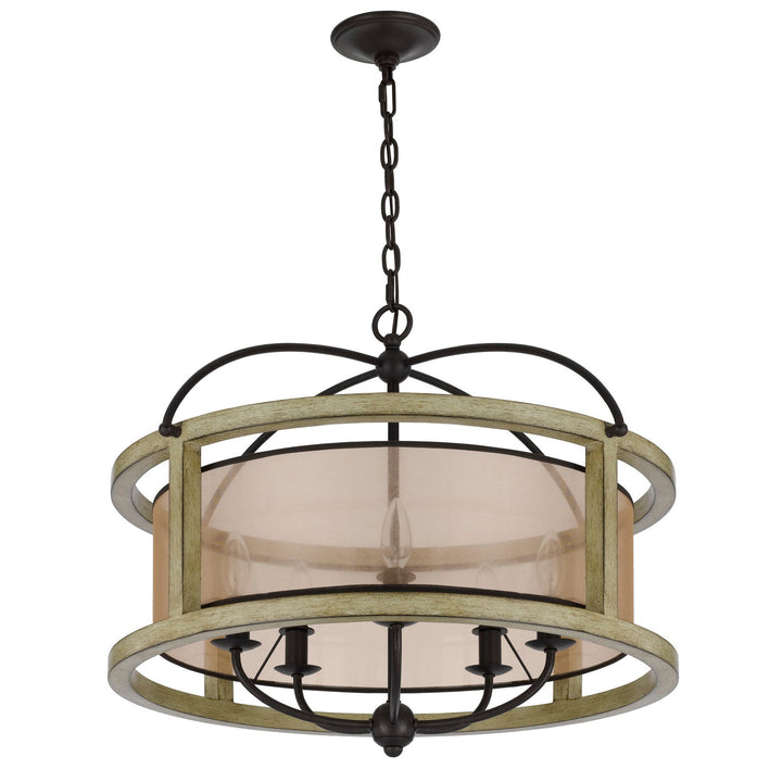 ##Antique Hardware## PALENCIA RUBBER WOOD ROUND CHANDELIER WITH ORGANZA SHADE