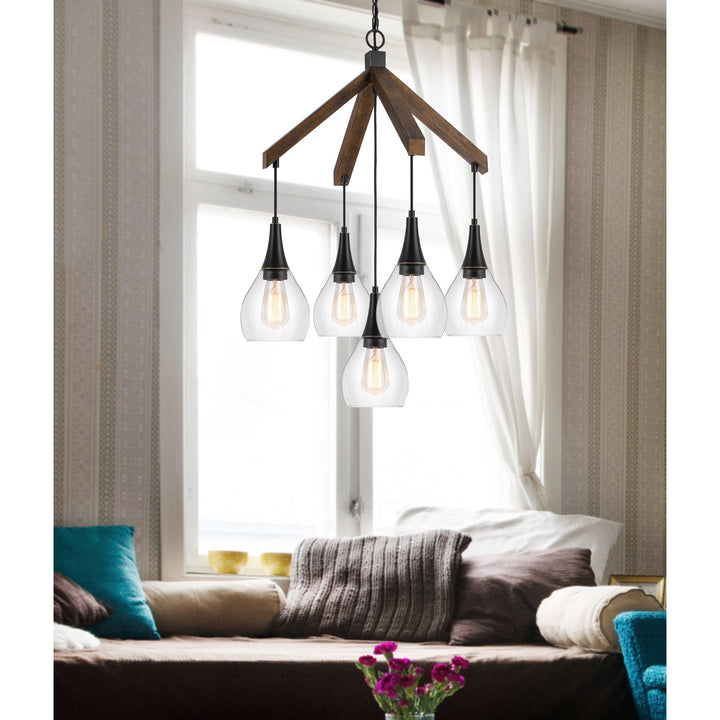 ##Antique Hardware## 60W X 5 WATKINS RUBBER WOOD CHANDELIER WITH HANGING GLASS SHADES