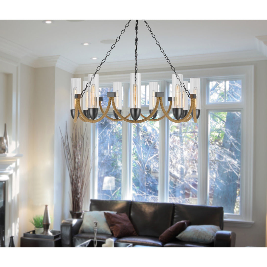 ##Antique Hardware## 60W X 9 ARGYLE METAL CHANDELIER WITH MOSS RODS AND GLASS SHADES