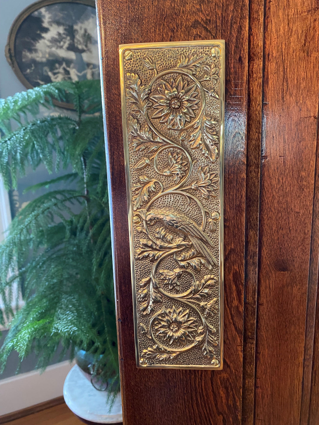 ##Antique Hardware## 11 1/4 Inch Cockateel Bird and Flower Push Plate