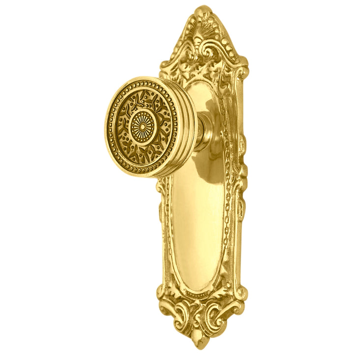 Ornate Victorian Long Backplate Door Set with Rice Pattern Door Knobs (Several Finishes Available)