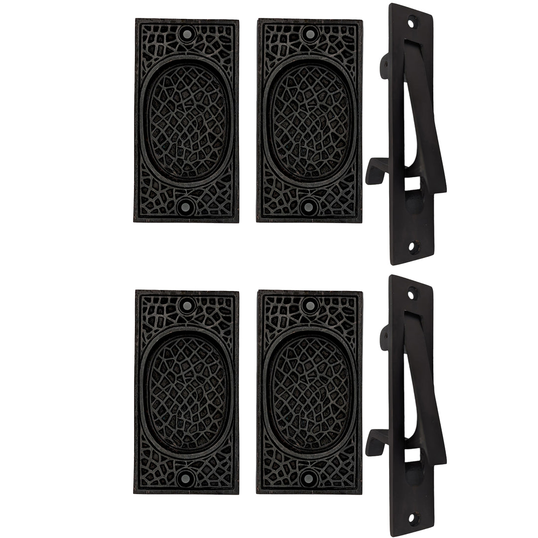 ##Antique Hardware## Arts & Crafts Pattern Pocket Door Set (Several Finishes Available)