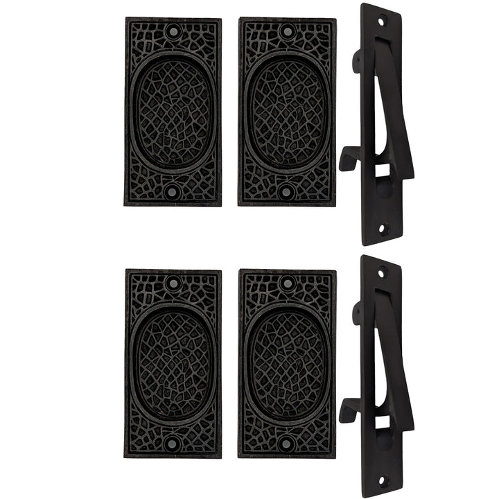 ##Antique Hardware## Arts & Crafts Pattern Pocket Door Set (Several Finishes Available)