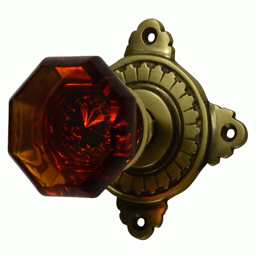 Antique Hardware Art Deco Rosette Door Set with Octagon Amber Glass Door Knobs (Antique Brass Finish) Door Knobs & Handles