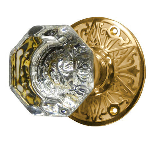 Crystal Octagon Door Knob Set with Solid Brass Eastlake Rosettes (Several Finishes Available)
