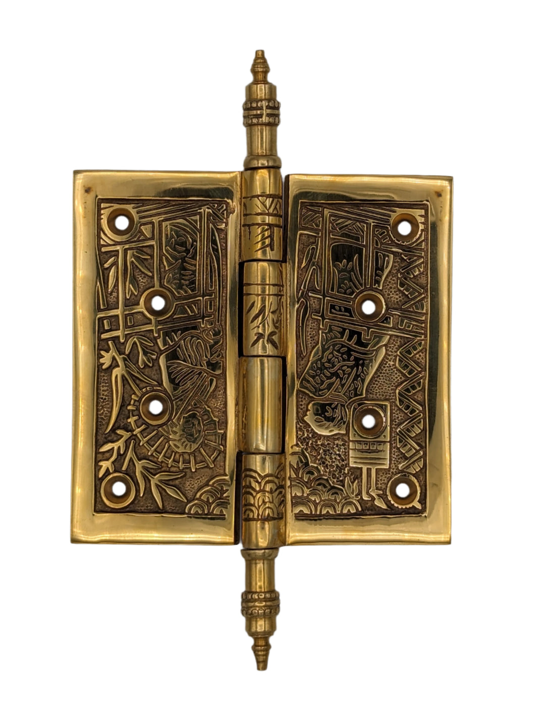 ##Antique Hardware## Open Box Sale Item 4 1/2 x 4 1/2 Inch Japanesque Style Ornate Solid Brass Hinge (Polished Brass Finish)