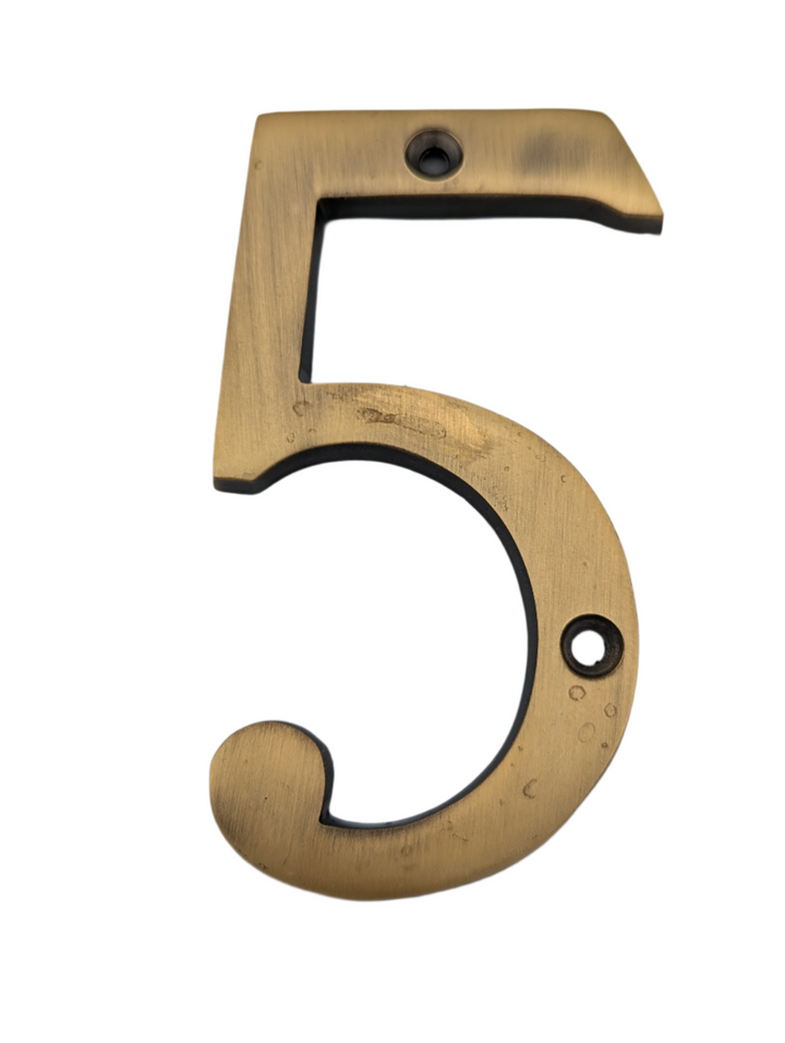 Open Box Sale Item 4 Inch Tall House Number 5 (Antique Brass Finish)