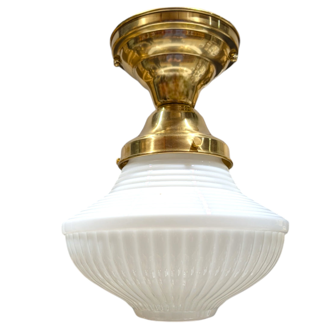 ##Antique Hardware## Schoolhouse Ribbed Milk Glass Semi-Flush Fancy Light (Several Finishes Available)