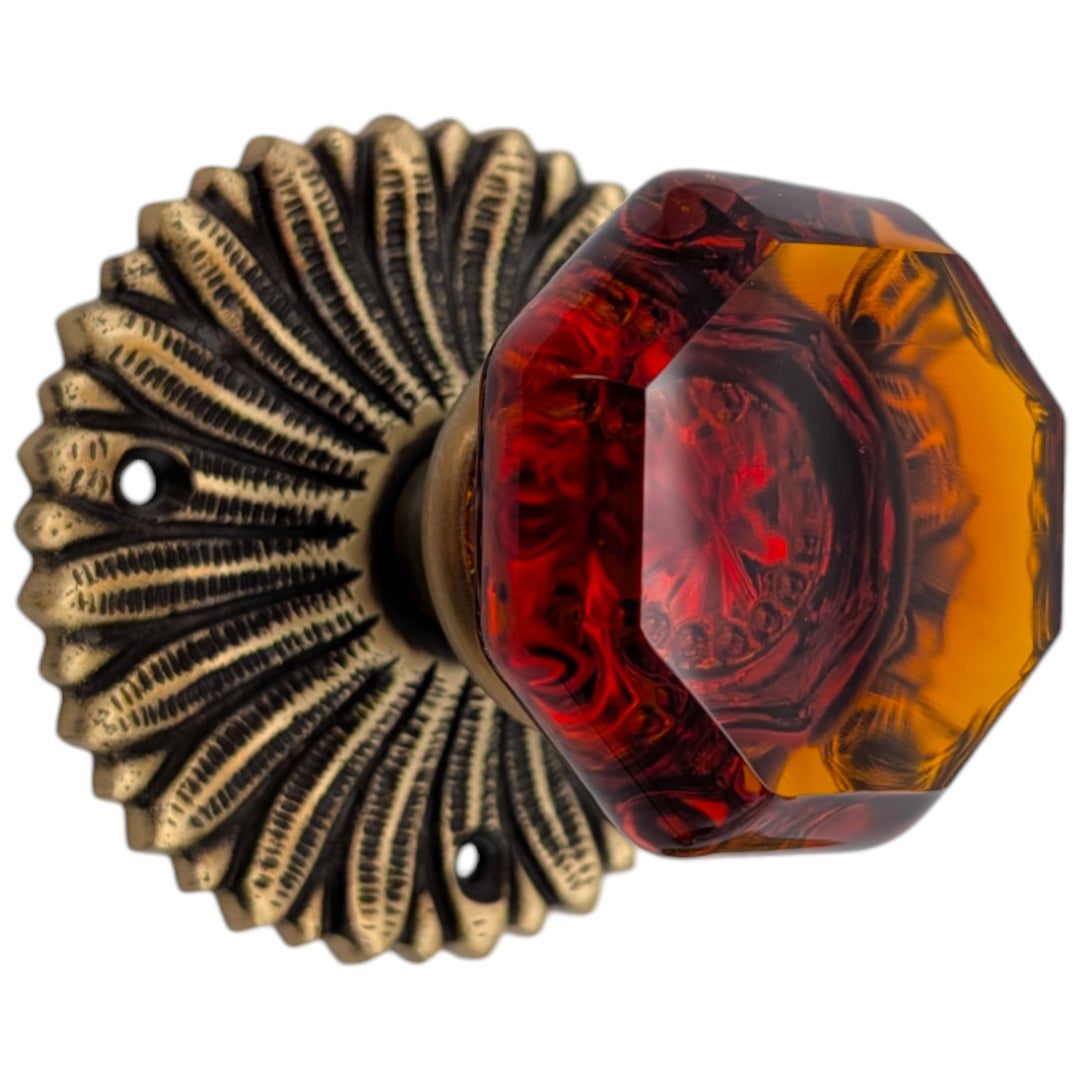 ##Antique Hardware## French Provincial Rosette Door Set with Amber Glass Octagon Door Knobs (Several Finishes Available)